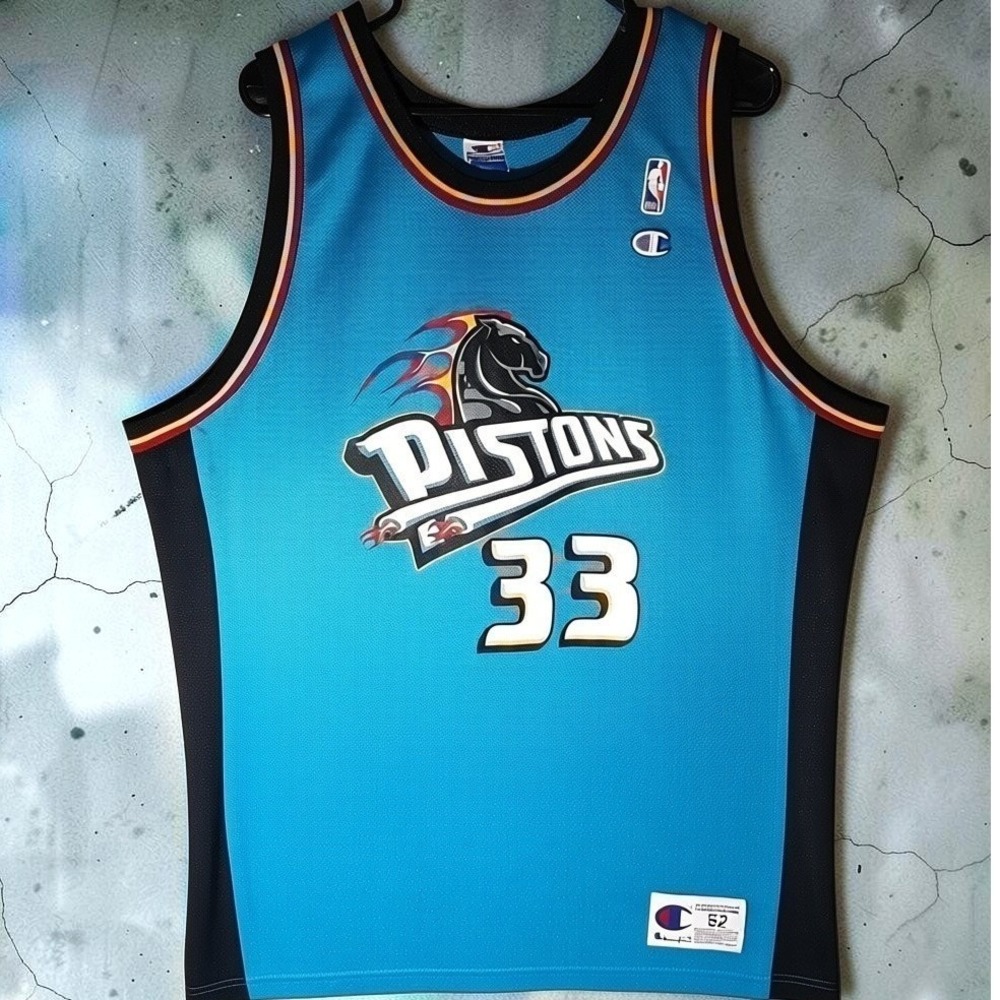VTG Champion Grant Hill Detroit Pistons Teal Jersey 52 2XL 90s Horse Logo USA